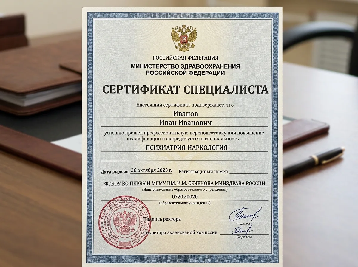 Сертификат специалиста врача-нарколога, выданный Министерством здравоохранения России, документ о прохождении аккредитации, официальный бланк