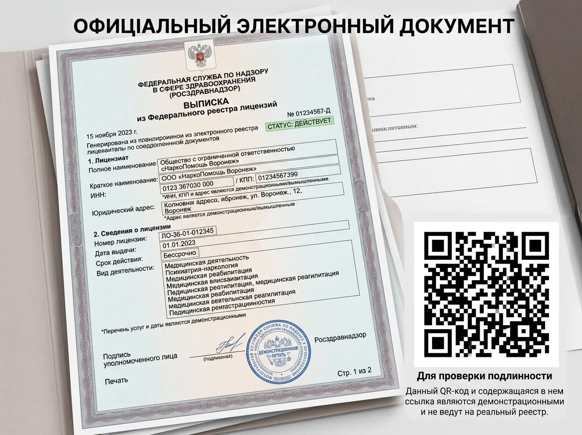 Выписка из федерального реестра лицензий Росздравнадзора с данными об ООО НаркоПомощь Воронеж, официальный электронный документ с QR-кодом проверки