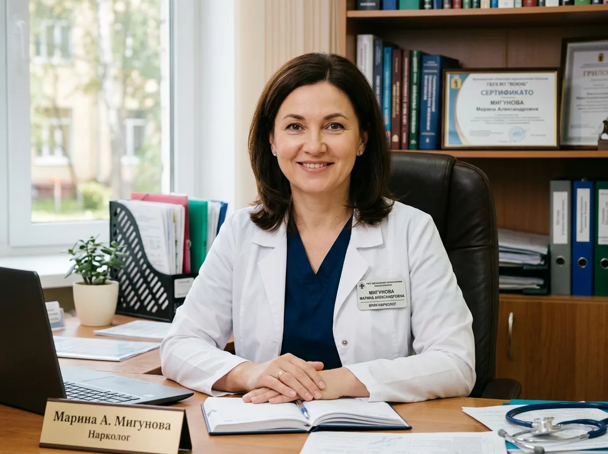Врач-нарколог Мигунова Марина Александровна, профессиональный портрет, медицинская обстановка, доброжелательный взгляд